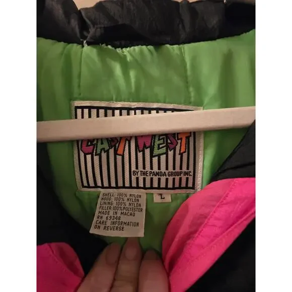 Vintage 1980s East West Ski Jacket Puffer Nylon Sport Neon Green Pink Slopes L